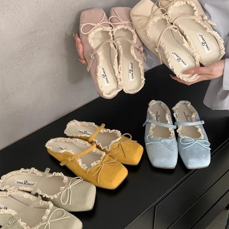 Evening Women's Shoes Gentle Flat French Mary Jane Half Slippers Bow Single Shoes Spring and Summer Retro Blue Ballet Shoes