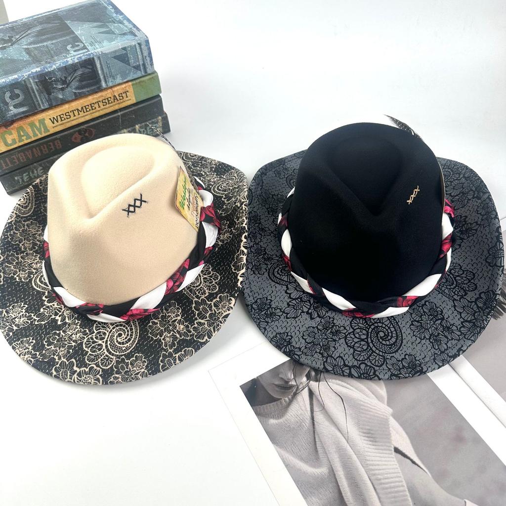 Hot Selling Cowboy Hat Wool Felt Top Hat Western Peacock Feather Print Jazz Hat Four Seasons Hat