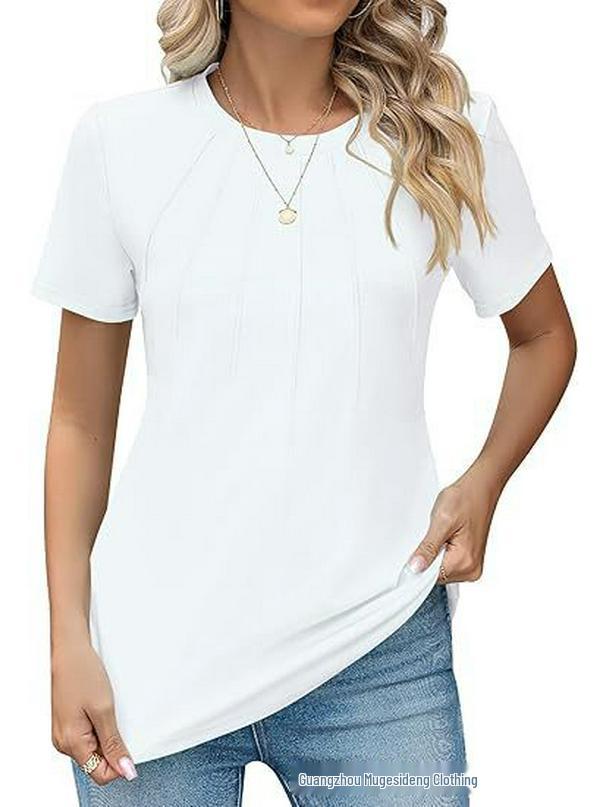 Женская плиссированная футболка с коротким рукавом однотонная Весна/Лето 2XL