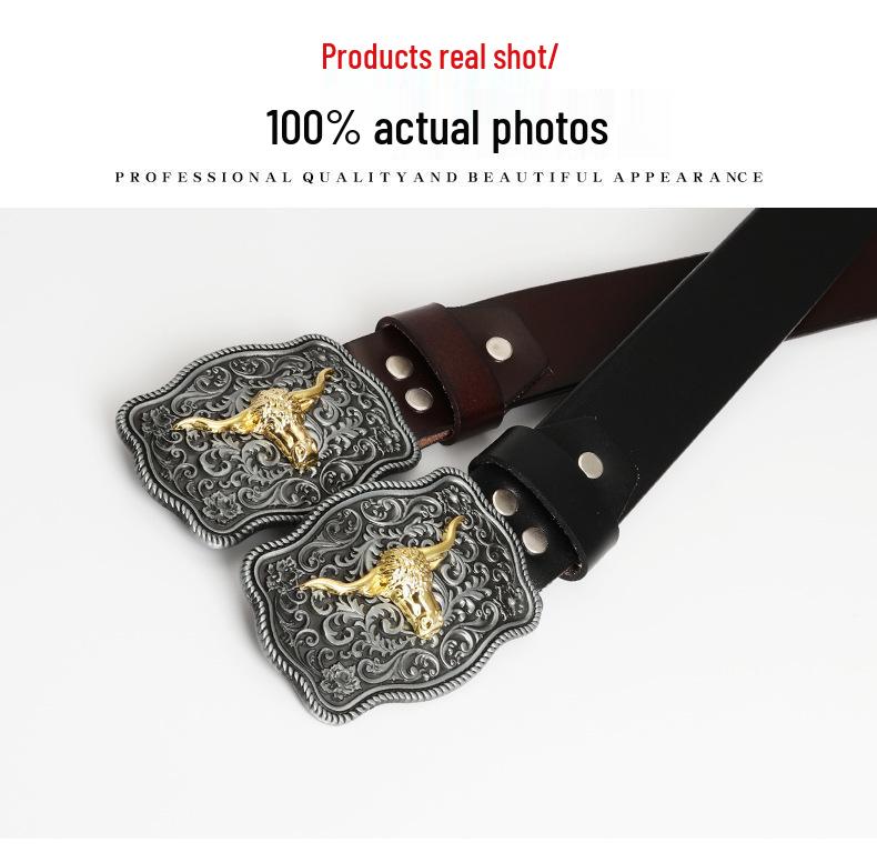 Western Bull Head Belt with Smooth Buckle - Patterned Cowhide Leather Men's Belt