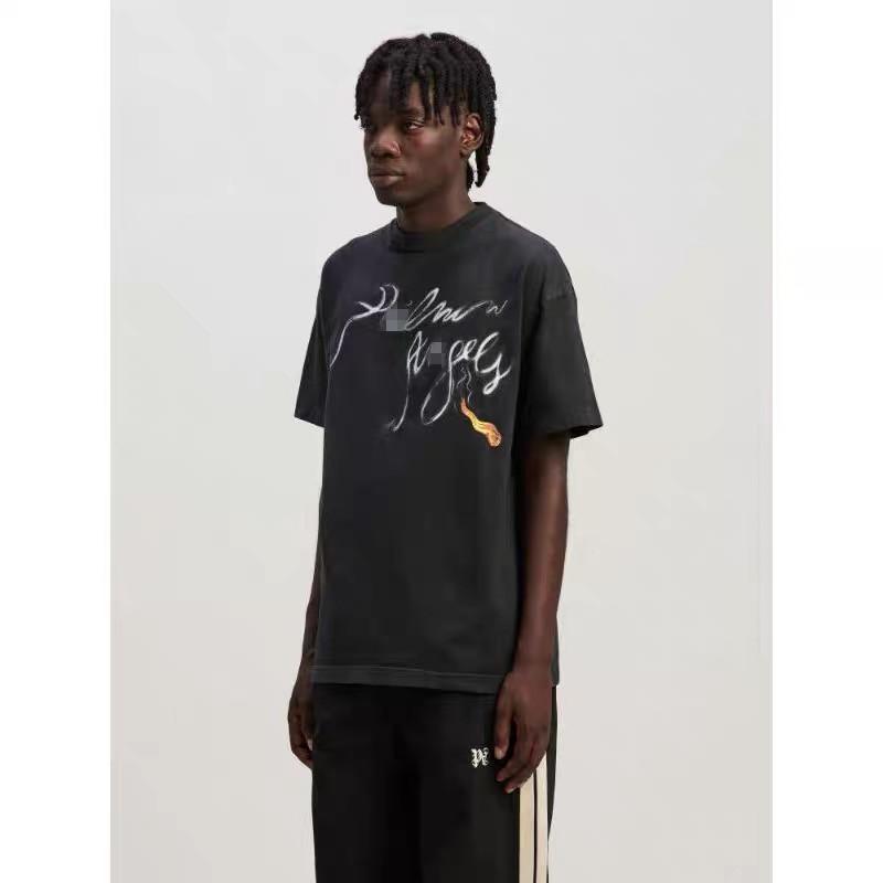24S grenzüberschreitende europäische und amerikanische Trendmarke Palm Angel Rauch Buchstaben Flammen Druck Kurzarm-T-Shirt Herren und Damen High Street