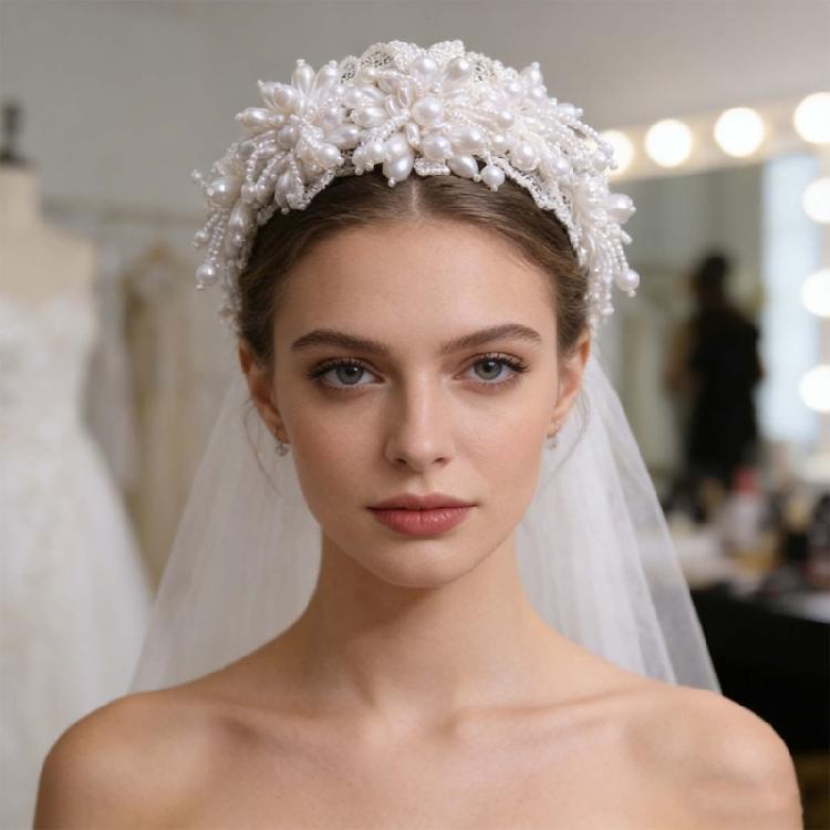 Floral Hand Beaded Pearls Headbands Bridal Hairband Shimmering Pearls for Bride Wedding Props Bride Costume