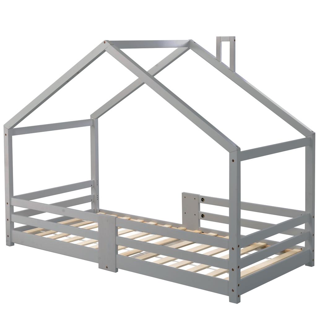 Children's Bed House Bed with Chimney Fall Protection Sturdy Slatted Frames Pine Wood House Bed for Kids, 90 x 200 cm without Mattress, Grey