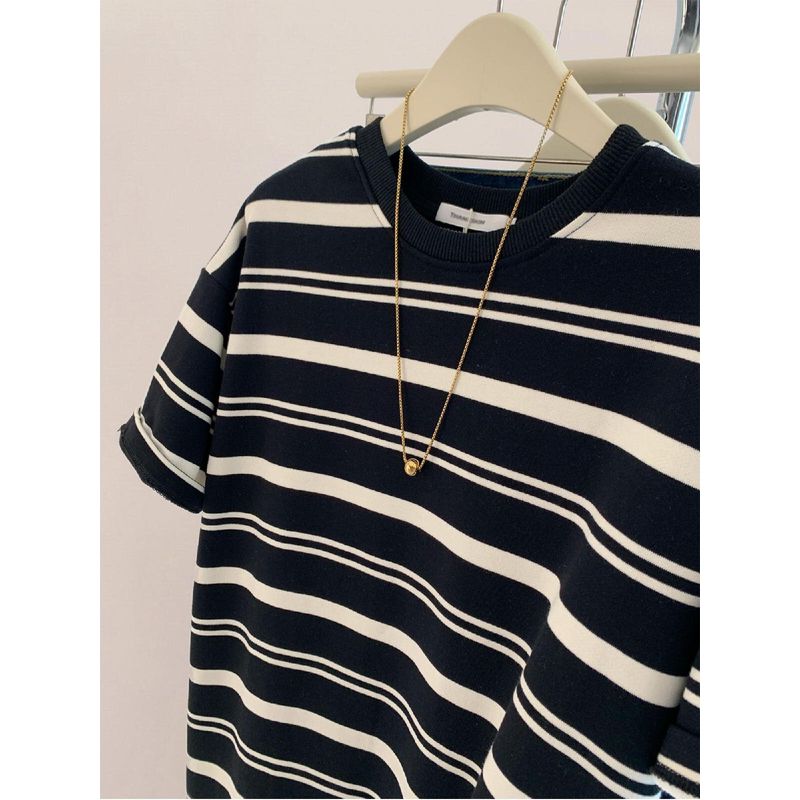 Plus Size 120.00kg Super Nice Black and White Stripe Short Sleeve T-shirt Women's Summer Loose Slimming Half Sleeve Chubby Girl Top Shirt