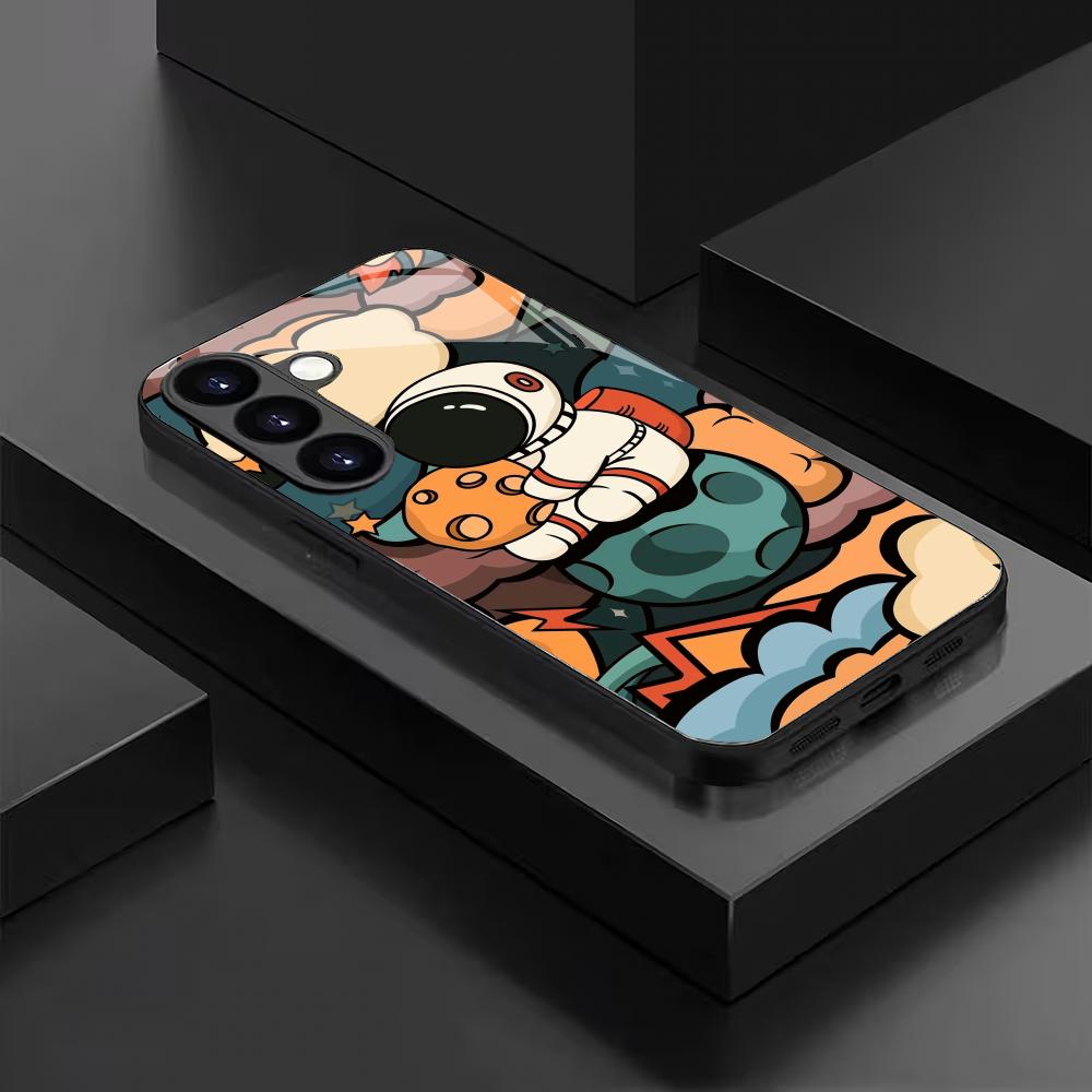 Cartoon astronaut tempered glass phone case suitable for Samsung GalaxyS26 S25 S24 S23 S22 S20FE/Ultra/Plus anti fall back cover