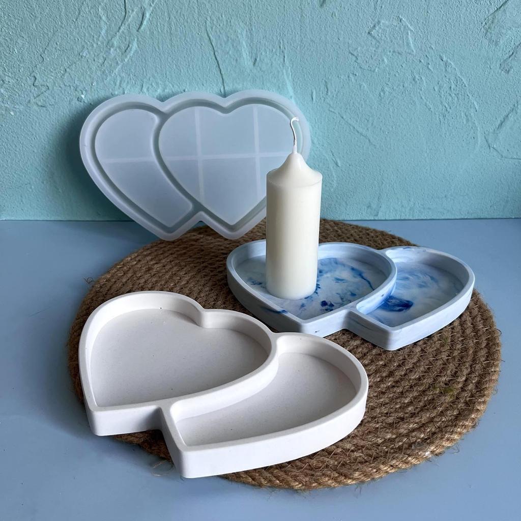 Large Double Connected Love Heart Tray Silicone Mold Jewelry Storage Tray Plaster Mold Valentine's Day Diy Molds