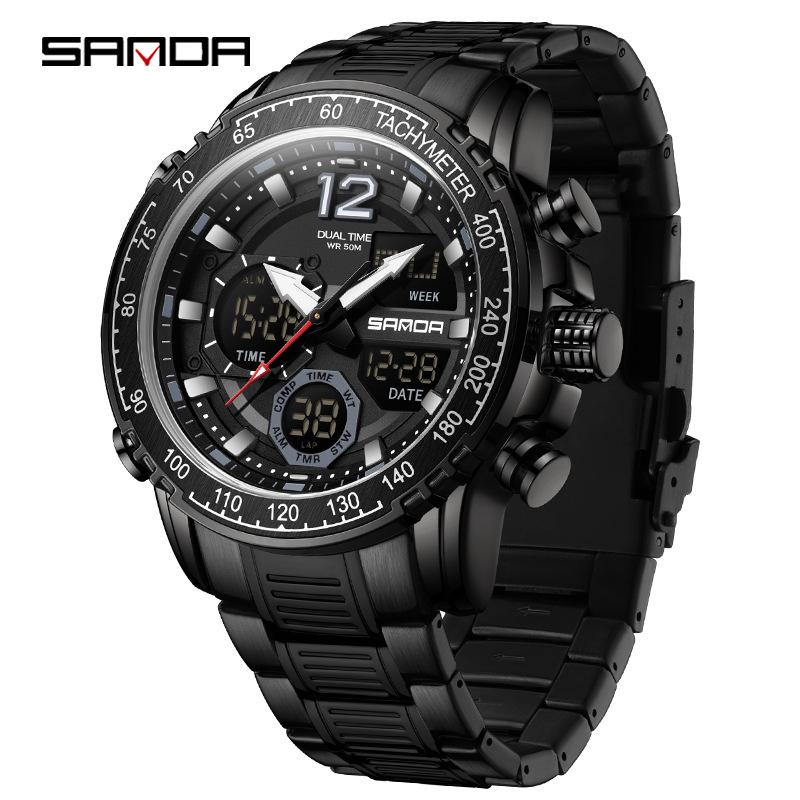 Sanda Men's Dual Display Multifunction Steel Band Sport Waterproof Watch
