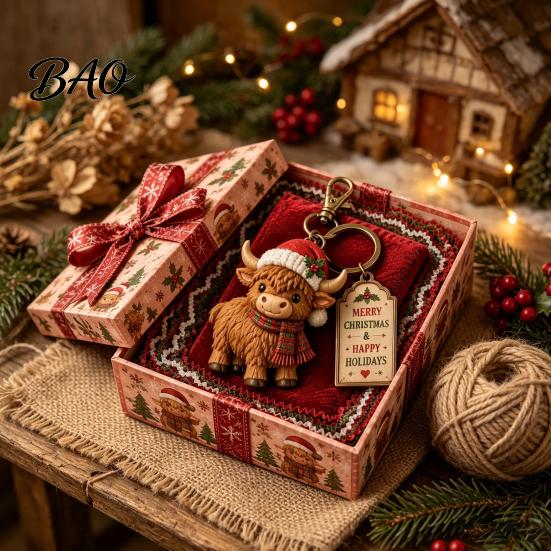 Holiday Keychain for Christmas with Gift Box, Cute Santa Claus Snowman Highland Cow Festive Accessories DIY Reindeer Bag Charm, Keyring Pendant, Gifts