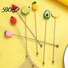 Stir Stick Cocktail Stick, Stainless Steel Mixing with Durian Pineapple Strawberry Mixer Watermelon Rubber Top Decor, Drink Stirrer for Bar