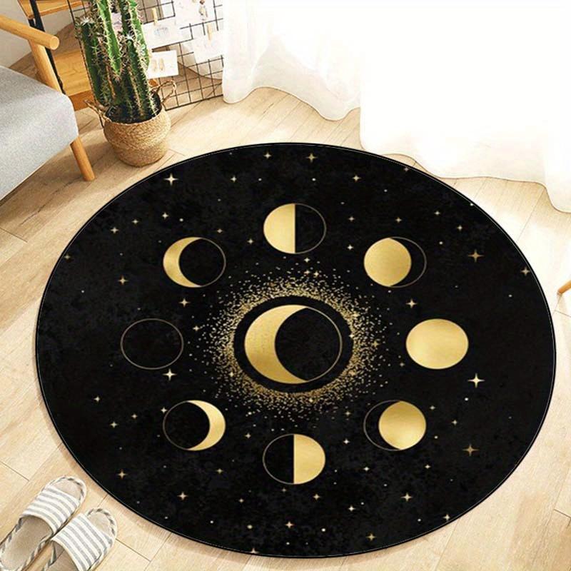 

1pc Moon Phase Art Round Rug - Celestial design with gold moon and stars pattern for living room, bedroom, crystal velvet 80cm
