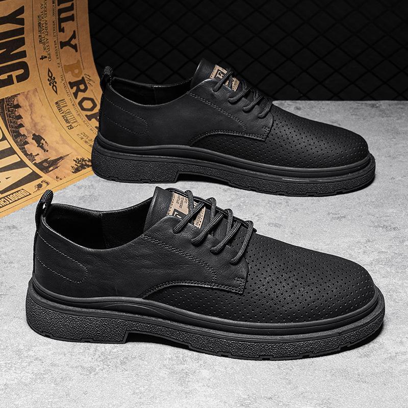 Summer New Leather Punching Breathable Casual Leather Shoes Daily Work Low-top Lace-up British Style Leather Shoes Men's Shoes