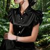 Women Shirt Lapel Ruffle Short Sleeve Single Breasted Shirt Tops Pure Color Smooth Satin Shirt Tops Daily Wear