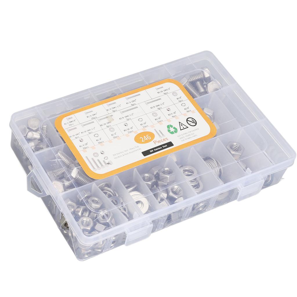 246 szt. śrub sześciokątnych ze stali nierdzewnej, nakrętek, podkładek, zestaw asortymentowy do urządzeń gospodarstwa domowego