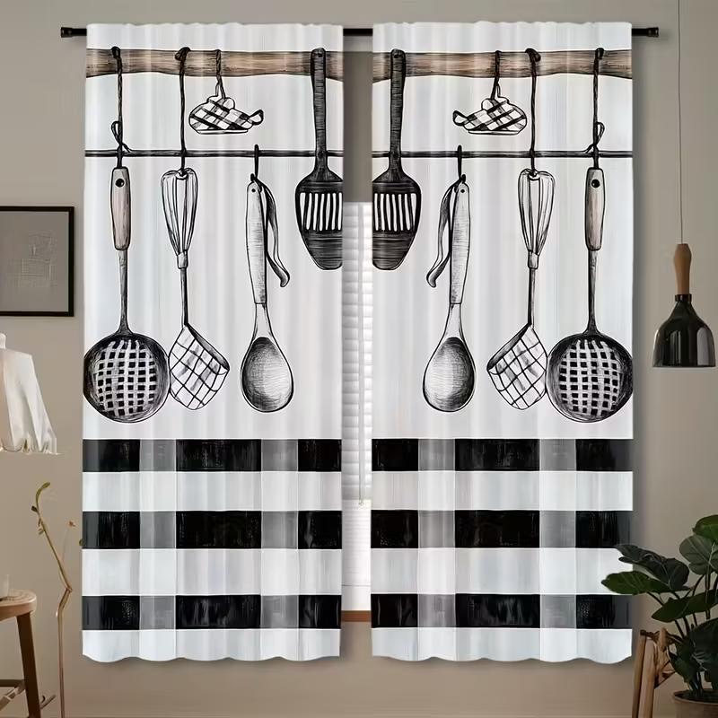 2pcs Kitchen Utensil Gingham Curtains   Light Filtering   Polyester   Farmhouse Cafe Window Decor   Rod Pocket