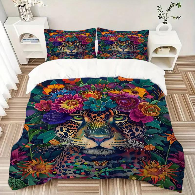 3PCs Leopard Floral Print Design Cover Set, Breathable Fabric, Machine Washable (1 Duvet Cover + 2 Pillowcases) (Without Quilt) yy250911094