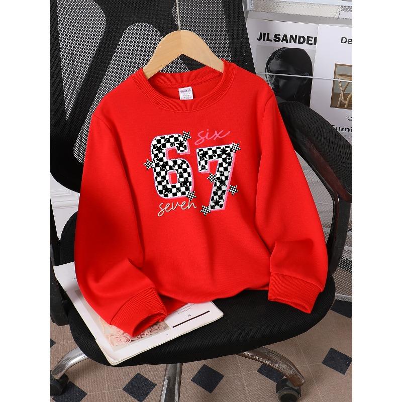 European Sizes Kids' Casual Sweatshirt Printed Round Neck Pullover, Kids' Round Neck Sweatshirt with Fashion "67" Theme Feature Print for Kids