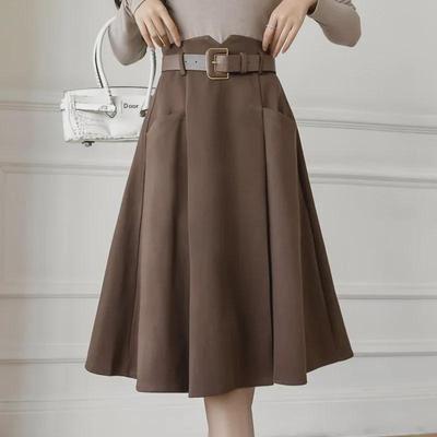French Style Woolen A-Line Skirt for Women - Mid-Length, High Waist, Autumn/Winter