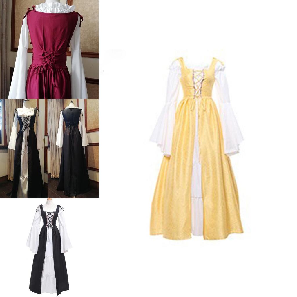 Elegantes Damen Vintage Renaissance Mittelalter Langes Kleid Mit Ausgestellten Ärmeln Und Schnürdetail