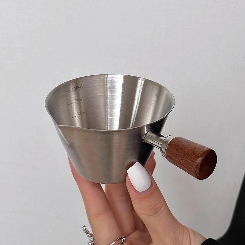 Stainless Steel Measuring Cup With Wooden Handle 100Ml Coffee Milk Pitcher With Scale For Barista And Kitchen Use