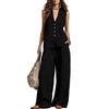Women’s Two Piece Sleeveless Vest and Wide Leg Pants Set Button Front Relaxed Fit Lightweight Fabric for Daily Wear Office Travel