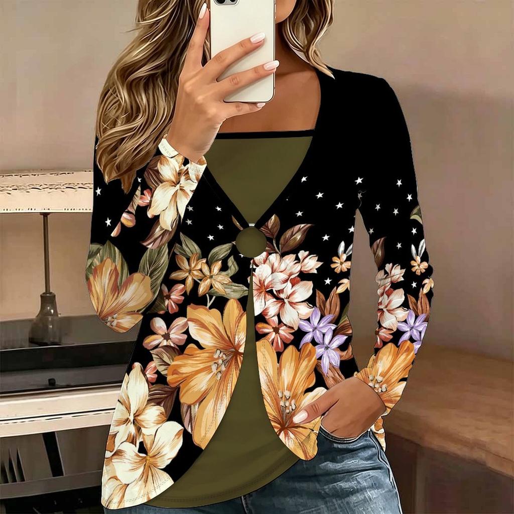 Tops for Women  Floral Print Long Sleeve Fake Two‑Piece Top Fall Casual Slim Pullover Women's Long Sleeve Top