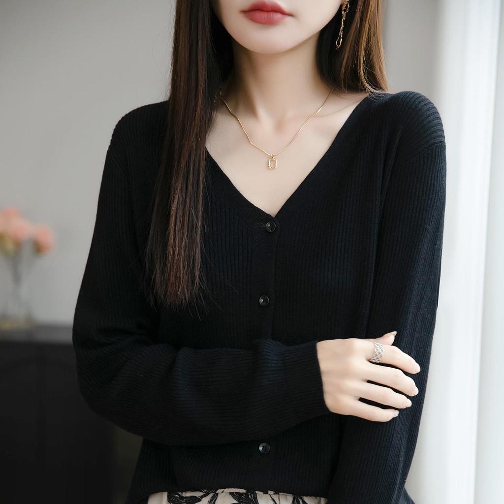 Versatile Fashion Wool V-Neck Ribbed Cardigan Sweater, Long Sleeve Top