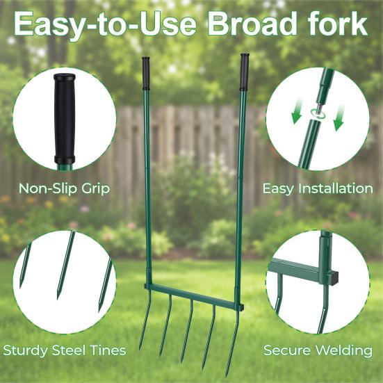 5-Tine Broad Fork Fork Heavy Duty Pitchfork with Dual Handles Garden Hand Tiller Digging for Planting Gardening Soil Aeration