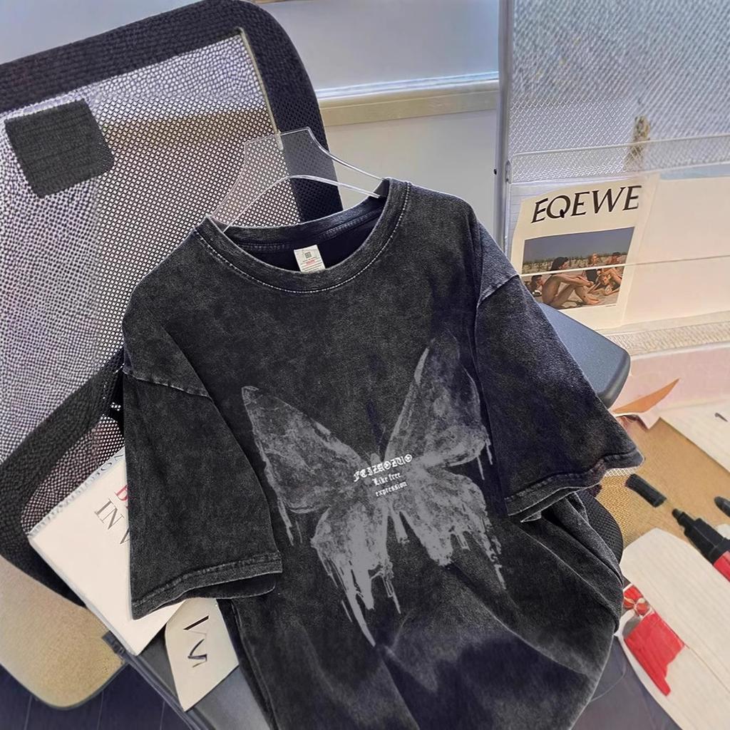 Cotton washed old t-shirt men's and women's spring and summer retro butterfly printing short-sleeved American trend high street couple t-shirt