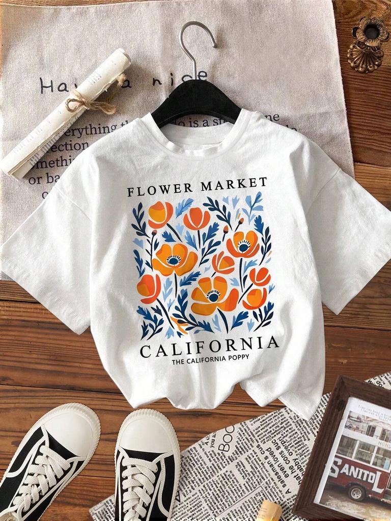 Yellow Flowers Market California Print T-Shirt Women Soft Tee Top O-Neck Casual T Shirt Crewneck Sports Short Sleeve