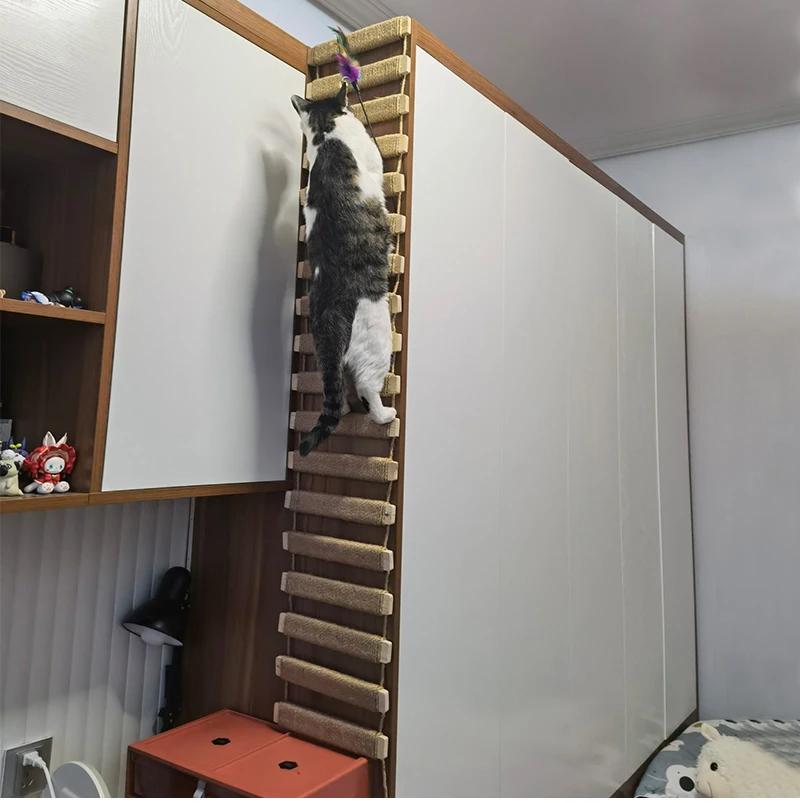 Cat Activity Wall-Mounted Furniture Center Wooden Sisal Scratcher Climber & Bridge with Rope Steps for Kittens and Adult Cats