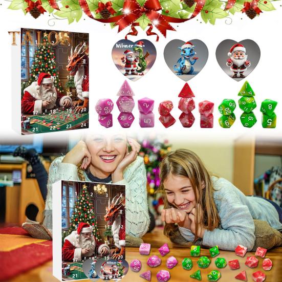 DND Dice Advent Calendar 2024 Acrylic Colorful Polyhedral Dice Set for Gamers Role Players 24 Days Christmas Countdown Calendar