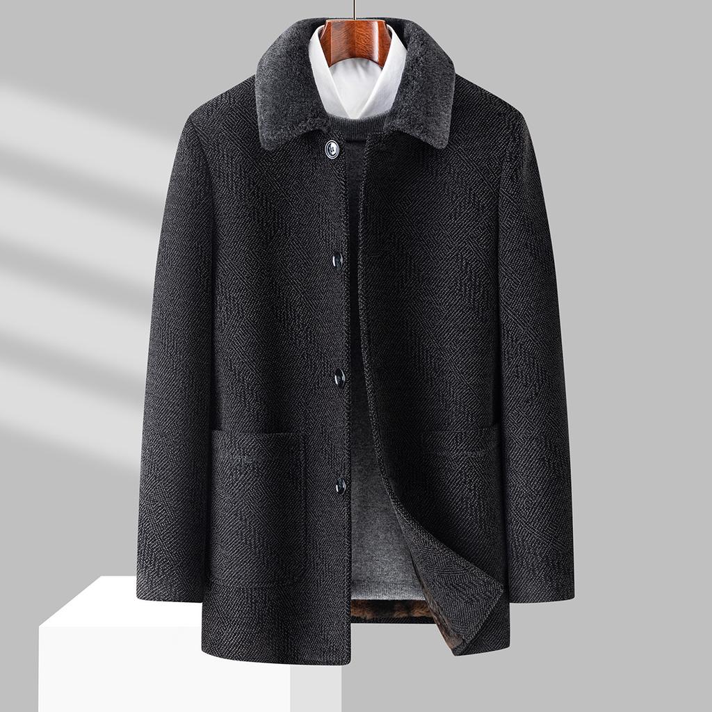 Winter Fur Collar Woolen Coat for Middle-aged and Elderly Men, Plush Lining and Thickened Graphene Heat Storage Jacket