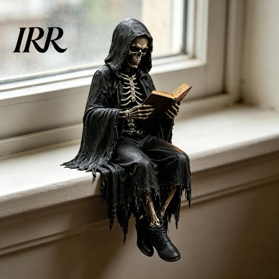 Zittend Magere Hein Model Gotische Dark Fantasy Figuur, Lezend Met Kap Standbeeld, Halloween Beeldje Hars Skelet voor Boekenplank Huis