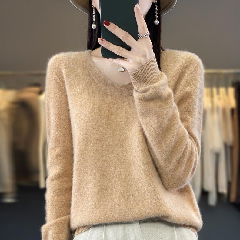 Dámský svetr 100% vlna MODERNÍ NOVINKA SAGA úpletový svetr s výstřihem do V Tenké jarní podzimní svetry Dámské pletené topy