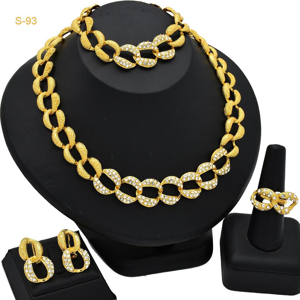 24K Gold-Plated Bridal Jewelry Set: Necklace & Earrings, Middle Eastern Wedding Style, Dubai Four-Piece Set