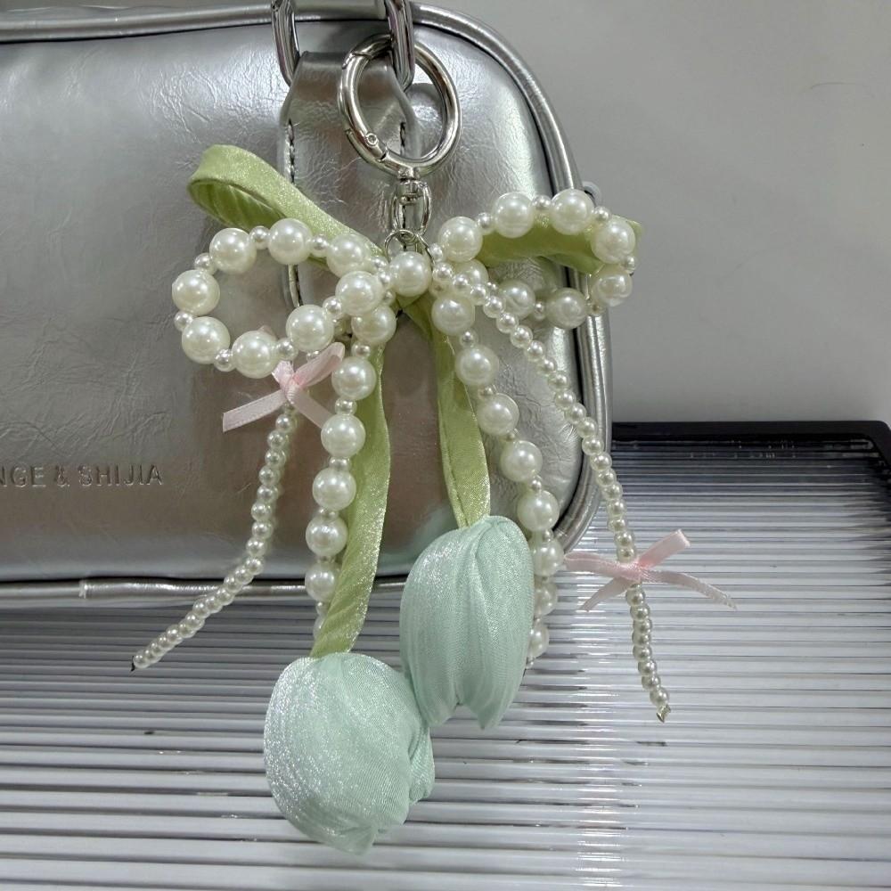 New Ribbon Pearl Tulip Ribbon Keychain Tulip DIY Mobile Phone Pendant Jewelry Style Pearl Bow Bag Accessories Mobile Phone Chain