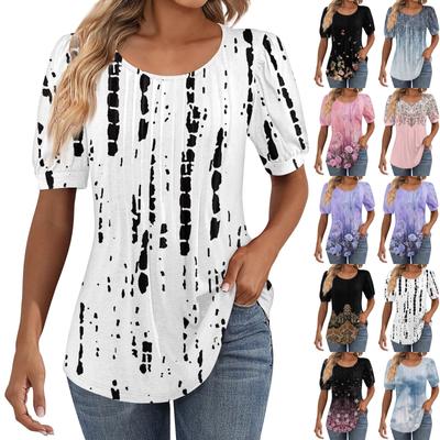 Women's Puff Short Sleeve Tunic Tops Pleated Neck Blouses Casual Loose Spring And Summer T-Shirts
