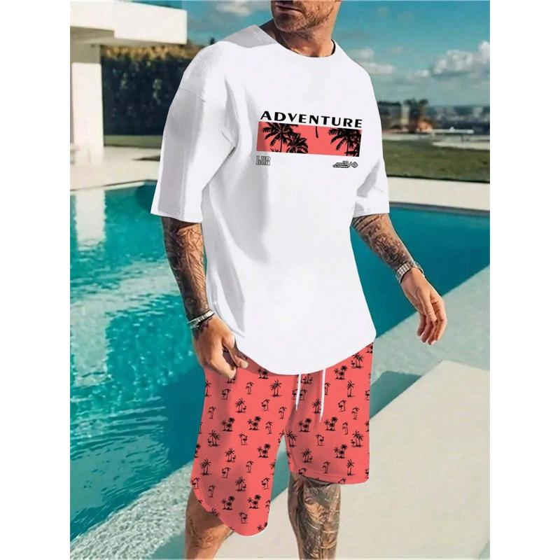 Men's Short Sleeve Shorts Set Beach Resort Style Stylish T-Shirt and Drawstring Shorts 2 Piece Hawaiian Men's Casual Wear Set