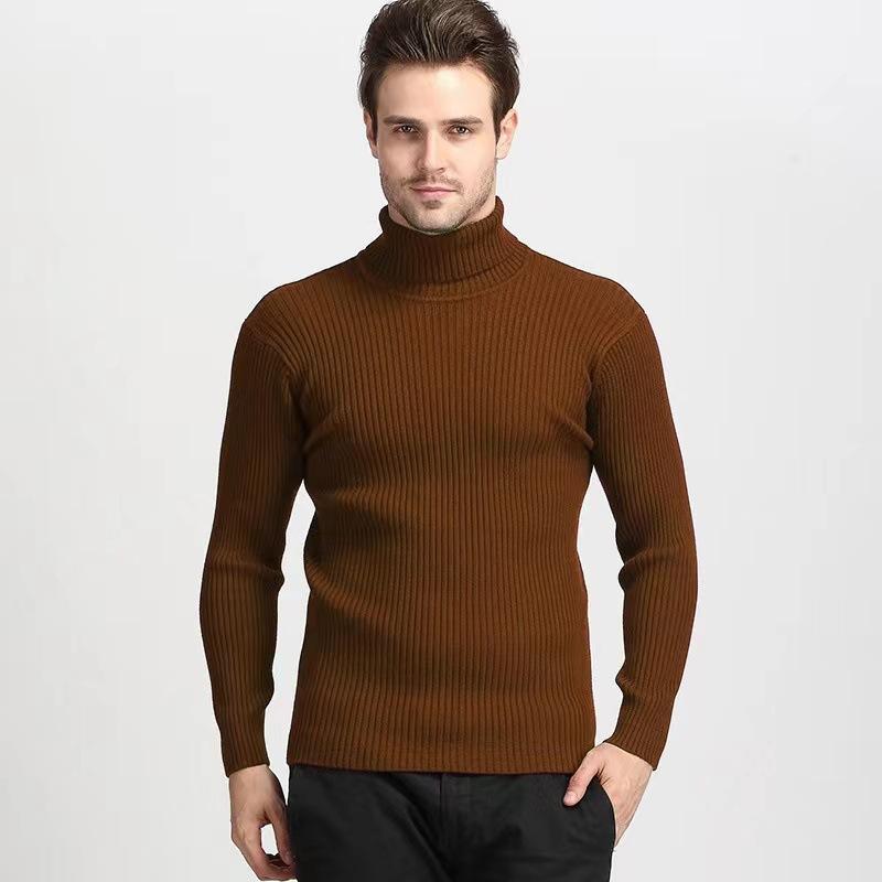 Men's High-Neck Pullover Sweater Autumn Casual Elastic Solid Color Vertical Stripe Knitted Comfortable Basic Sweaters