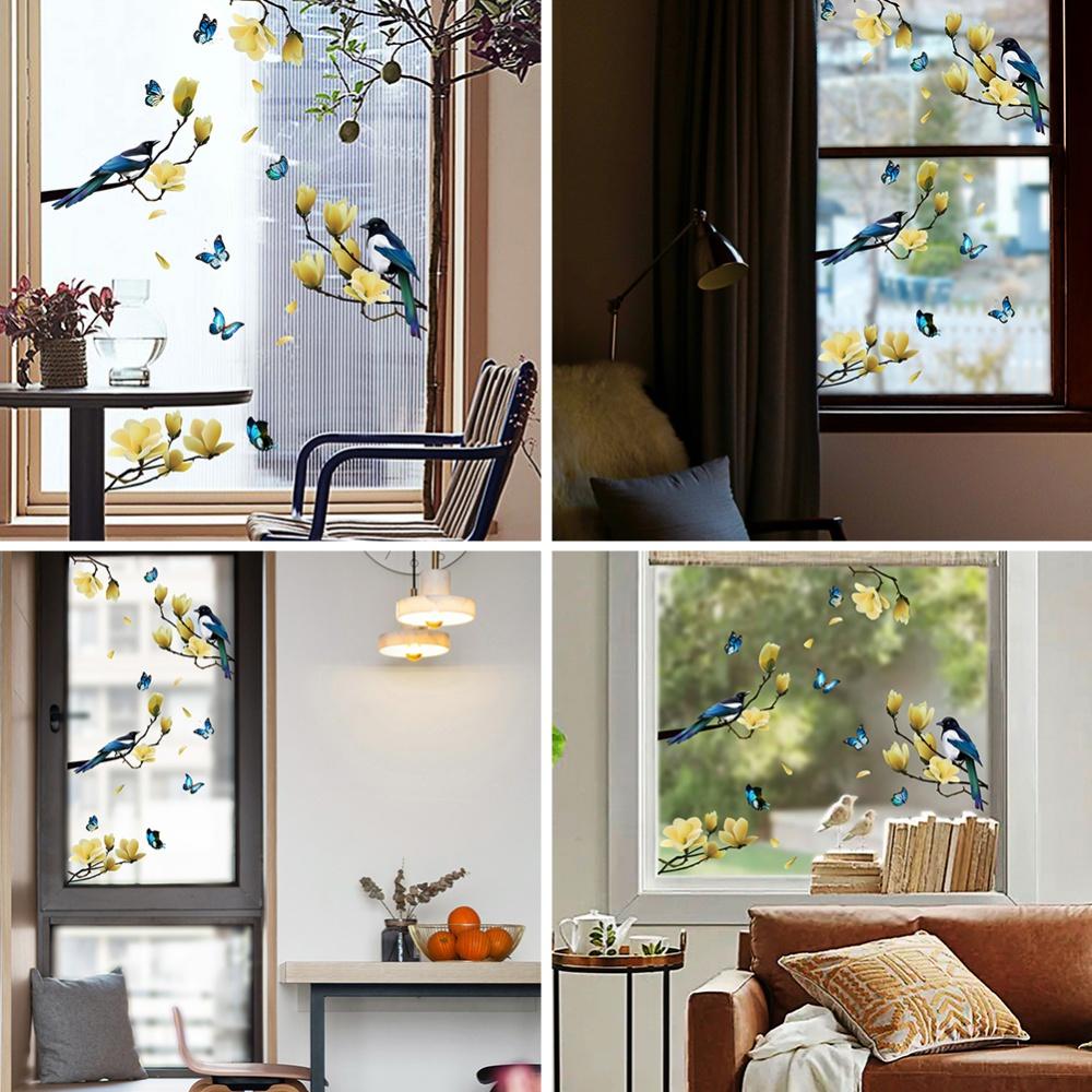 Chinese Style Vintage Bird Sticker Flower Bird Painting Art Wall Stickers Living Room Sofa Wall Decor Self-adhesive Wall Decals