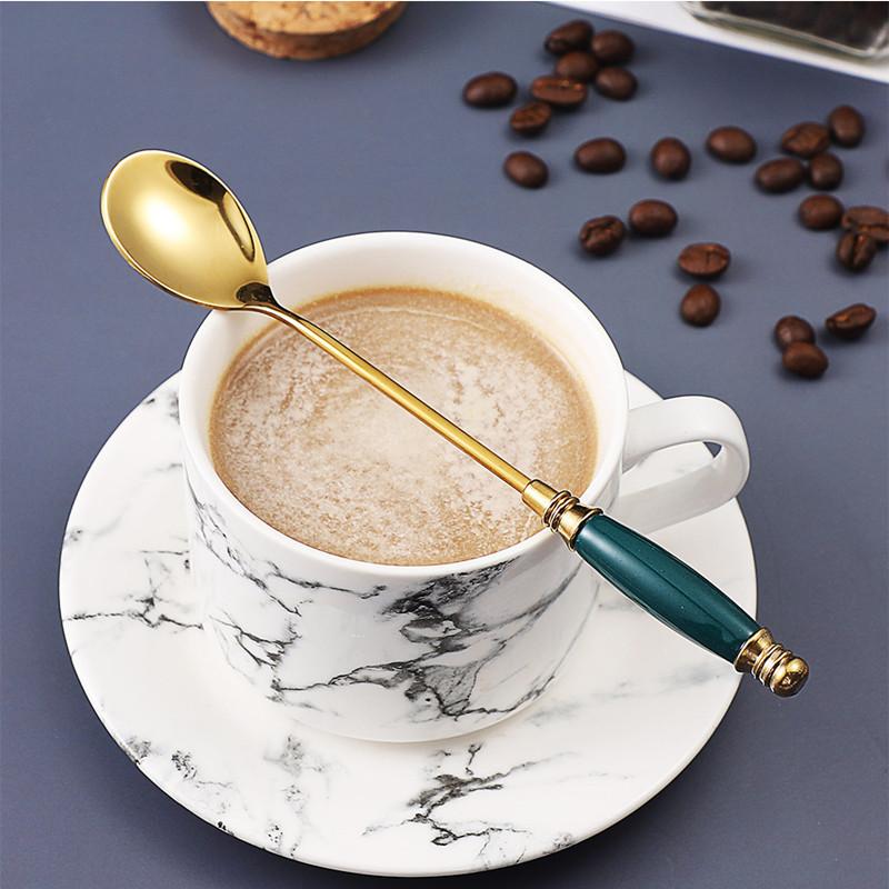Beautiful Stainless Steel Teaspoons Coffee Ice Cream Honey Spoon with Tempered Ceramic Handle Tableware Kitchen Accessories
