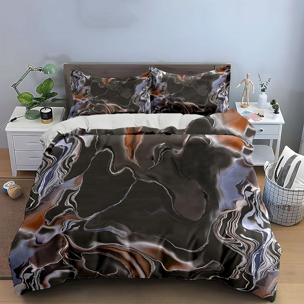 3Pcs Luxury Gold Trim Marble Bedding Set, Brown Grey Fluid Art Print Duvet Cover Set, Single Double King Queen, Gift