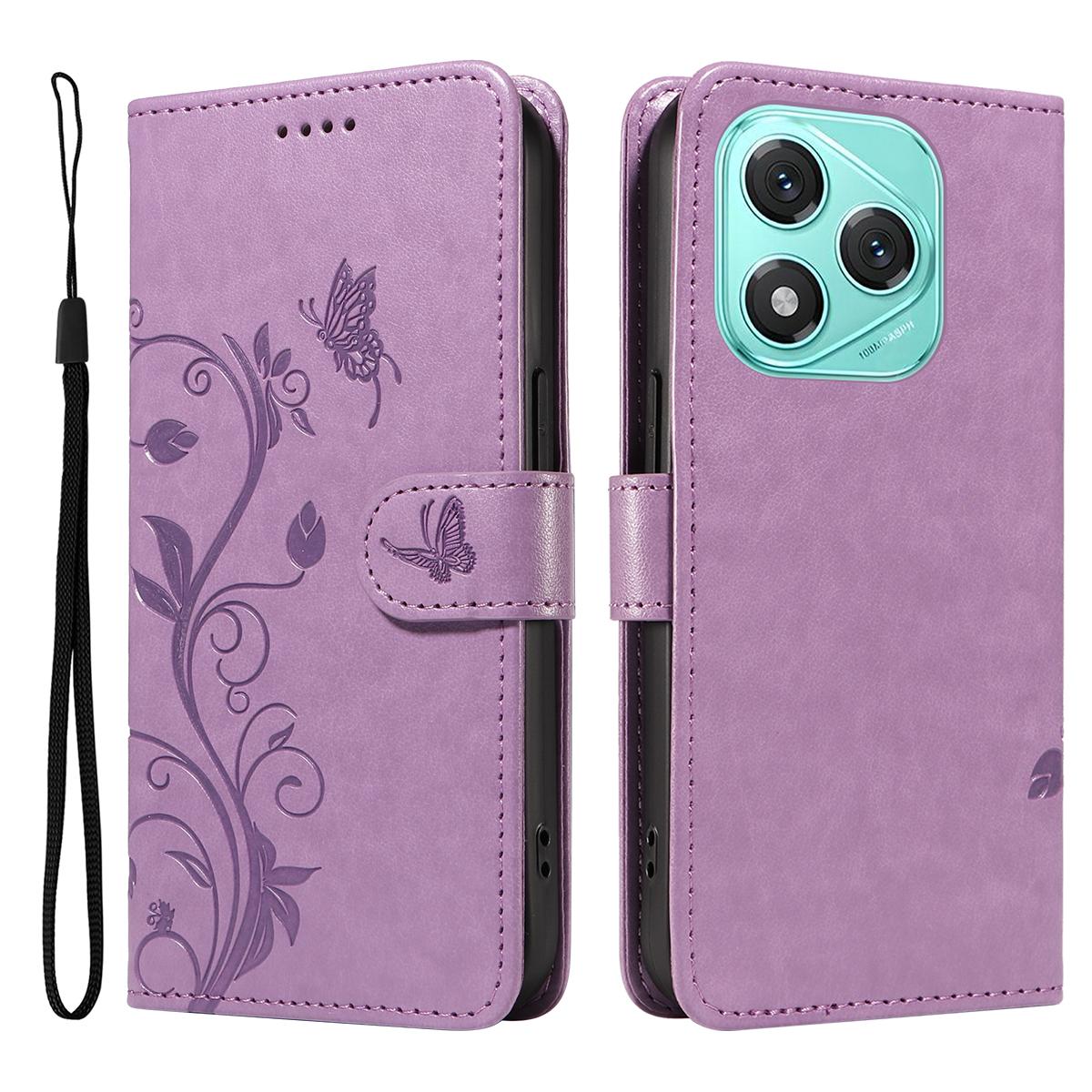 

For Honor 400 Lite 5G PU Leather Cases Flower Pattern Wallet Stand Phone Cover with Strap - Light Purple C