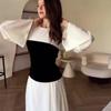 2023 Autumn Black & White Patchwork Waist-Slimming Socialite Maxi Dress for Women
