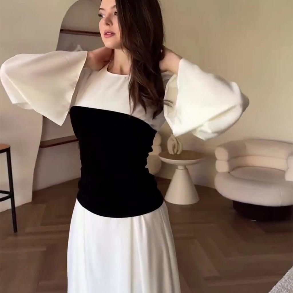 2023 Autumn Black & White Patchwork Waist-Slimming Socialite Maxi Dress for Women
