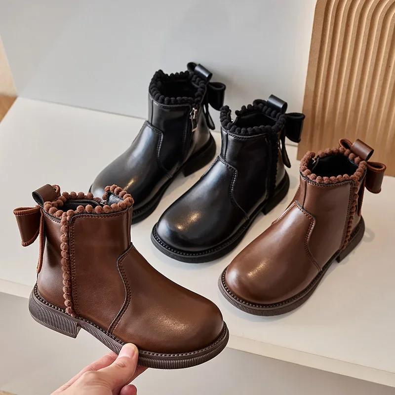 Autumn Winter Cute Pompom PU Leather Kids Ankle Boots Super Warm Velevt Winter Shoes Girl Low Heel Butterfly-knot Student Shoes