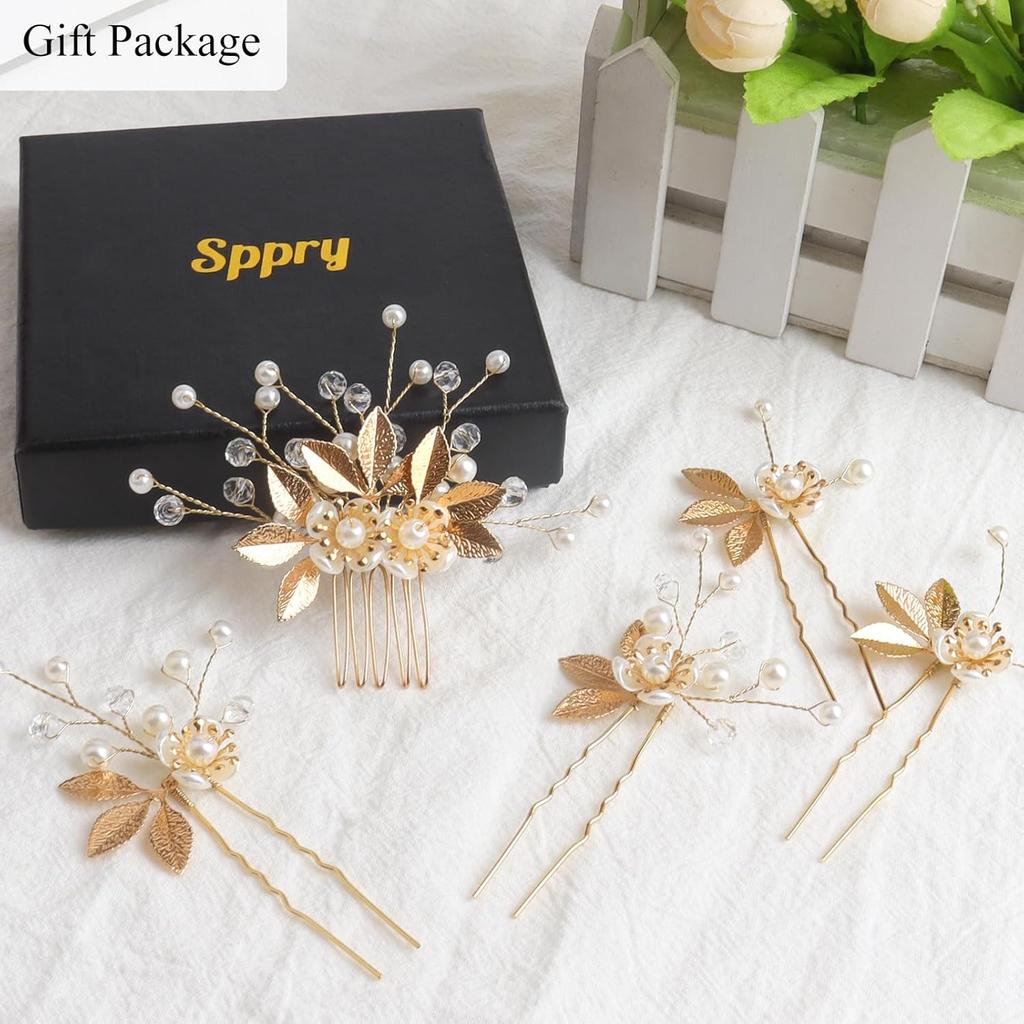 Wedding Hair Pins Set of 5 Pcs - Elegant Leaf Floral Pearl Rhinestones Hair Accessories for Bridal Women (Gold)