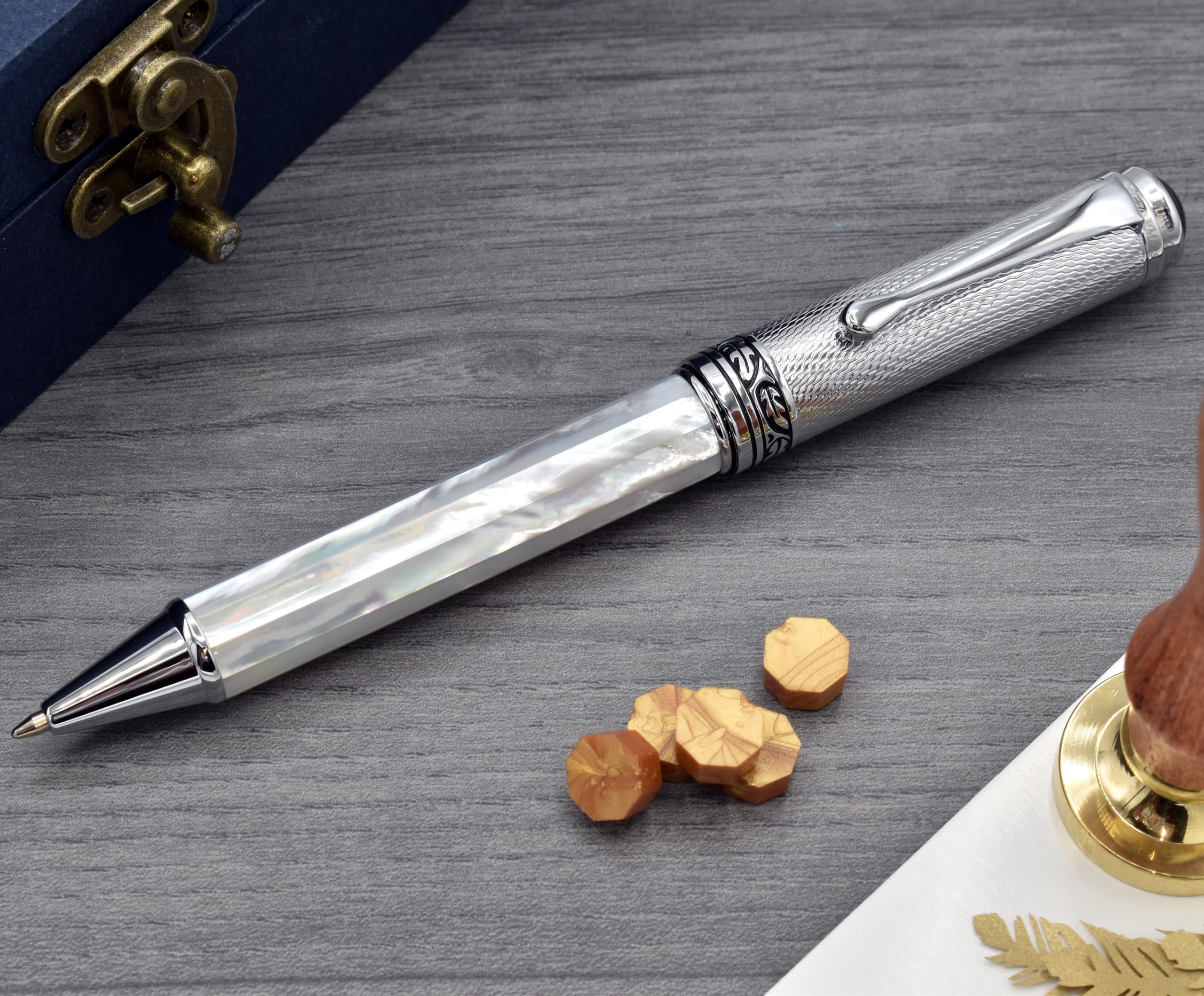 

Xezo Maestro Twist Action Executive Ballpoint Medium Gift of Writing White Guilloche Unique Pen, Nib, Series, Mother-of-Pearl Engraving, Serialized,