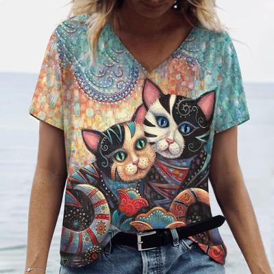 2024 Summer New Cartoon Cat Women's T Shirts Vintage Short Sleeve Tops Girls V-Neck Tees Female Clothing Oversized Pullover