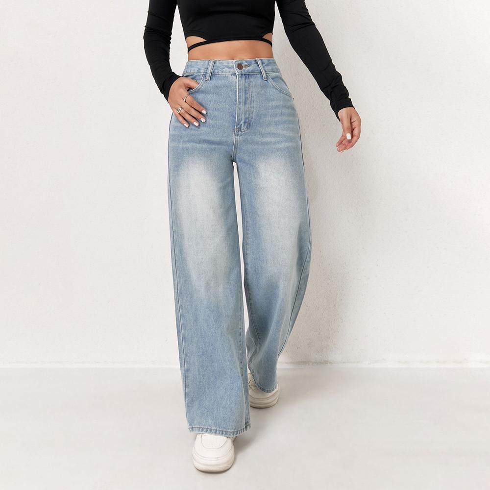 

PUFFANPOP Women s Wide Leg Jeans Retro Wash High Waisted Denim Pants Loose Straight Jeans Y2K XS синий